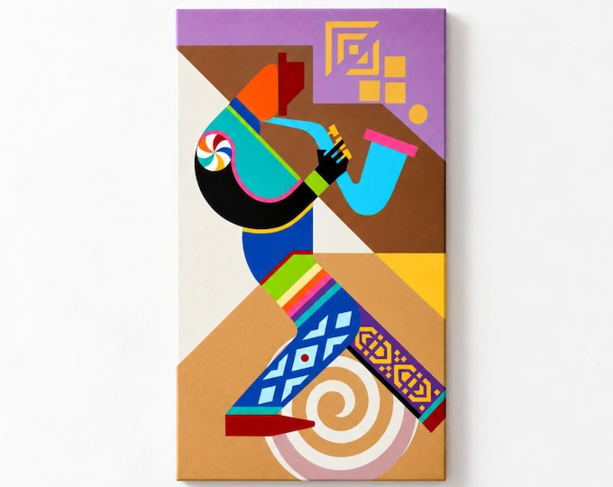 Abstract Cubist Saxophone Painting: Jazz Music Artwork Contemporary Modern Artwork