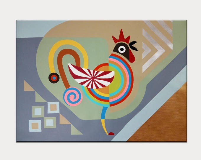 Original Abstract Rooster Painting: Cubist Acrylic Art on Canvas Modern Minimalist Wall Art