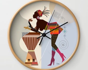 Black Woman Wall Clock, Melanin Girl Timepiece Afro Bohemian Décor