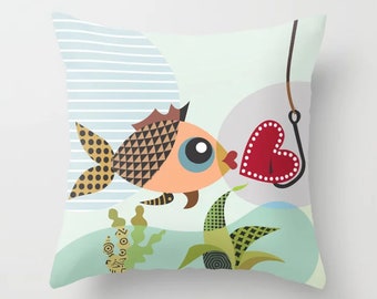 Fish Throw Pillow, Love Cushion Valentine Heart Gift