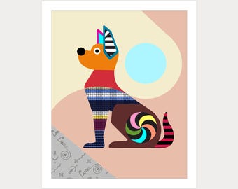 Pointed Ear Pup Geometric Dog Art Print, Colorful Pop Art Canvas Home Decor