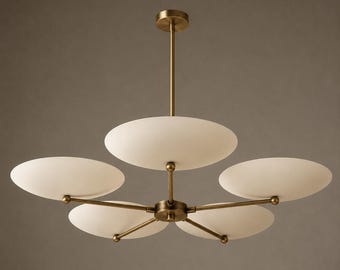 Mid Century Modern Brass Chandelier, 5-Light Sputnik Ceiling Fixture, Italian Design Pendant Lamp