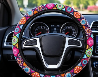 Boho Mandala Steering Wheel Cover – Colorful Floral Car Decor, Elastic Stretch Protector (38cm)