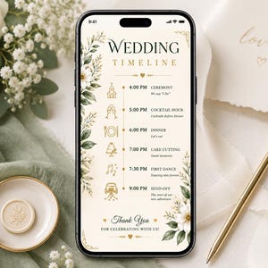 Puede incluir: Una pantalla de smartphone que muestra una plantilla de cronograma de boda con fondo crema, texto dorado y detalles florales. El horario enumera eventos desde las 16:00 hasta las 21:00, incluyendo ceremonia, cóctel, cena, pastel y despedida.