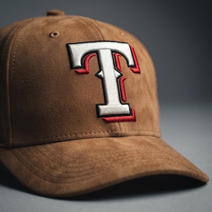 Könnte beinhalten: Eine beigefarbene Baseballkappe aus Wildleder mit einem großen, gestickten Buchstaben T auf der Vorderseite. Der Buchstabe ist weiß mit einer dicken schwarzen Umrandung und einem roten Schatteneffekt. Die Kappe hat eine strukturierte Krone und einen gebogenen Schirm.