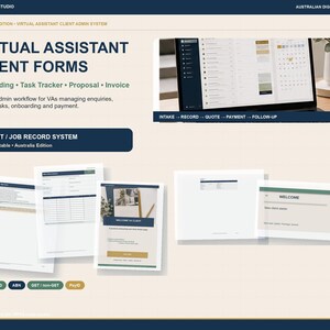 May include: A digital template set titled Virtual Assistant Client Forms Australia Edition. Includes A4 editable documents for onboarding, task tracking, proposals, and invoices. Features a client job record system with intake, record, quote, payment, and follow-up workflows.