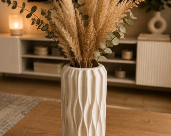Minimalistische golfvaas | Moderne 3D-geprinte decoratieve vaas | Neutrale woondecoratie | Beige boho vaas | Scandinavische woonkamerdecoratie