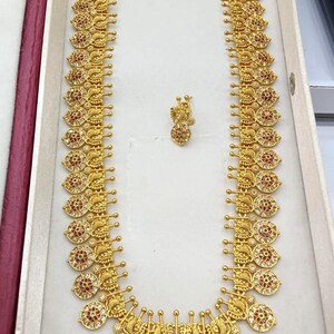 Gold Plated Kerala Palakka Necklace Set with Peacock Motif Ruby Green Stones Traditional South Indian Bridal Jewelry Long Haram