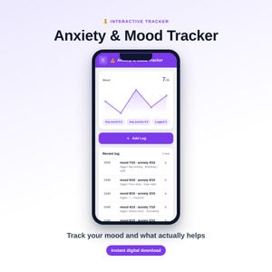 Op de afbeelding: Een smartphone met de interface van een angst- en stemmings-tracker-app in een paars kleurenschema. Het scherm toont een lijngrafiek, een knop om logs toe te voegen en een lijst met recente logs met datums, scores en triggers.