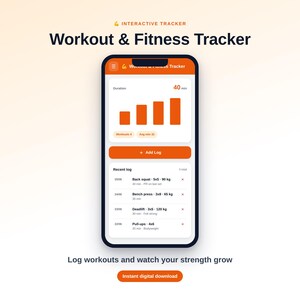 Op de afbeelding: Een smartphone met de interface van een workout- en fitnesstracker-app, voorzien van een oranje koptekst, een staafdiagram voor de duur, een Add Log-knop en een lijst met recente logs zoals back squat, bench press, deadlift en pull-ups.