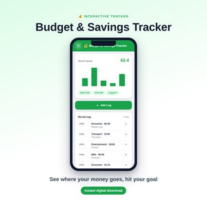 Op de afbeelding: Een smartphone met de interface van een Budget & Savings Tracker app, voorzien van een groen staafdiagram, een groene Add Log-knop en een lijst met recente uitgaven zoals Groceries, Transport, Entertainment en Bills met bijbehorende kosten.