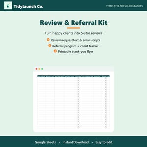 Cleaning Business Review Referral Kit, Google Sheets Tracker (Instant Download)
