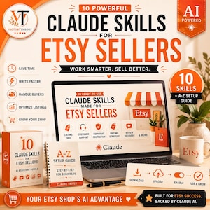May include: A digital marketing bundle for Etsy sellers featuring a laptop displaying Claude skills, a spiral-bound A-Z setup guide, a box labeled 10 Claude Skills for Etsy Sellers, a white mug with Etsy branding, and a process card showing download steps.