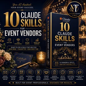 May include: A dark blue and gold promotional display for 10 Claude Skills for Event Vendors. The design features a book-shaped box, a gold pen, two rings, and a candle. Text includes Your AI Assistant, Your Event Success, and 10 powerful skills.