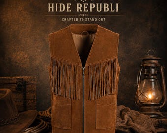 Gilet da uomo in vera pelle con frange / Gilet da cowboy western in pelle scamosciata / Gilet in pelle marrone con cerniera / Stile vintage da ranch / Giacca da rodeo