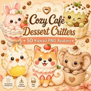 Peut inclure: Une collection numérique de 50 avatars PNG Cozy Cafe Dessert Critters représentant des animaux mignons comme un lapin, un ours, un poussin, un chien et un éléphant intégrés à des desserts, du café et des fraises, avec le texte Cozy Cafe Dessert Critters.