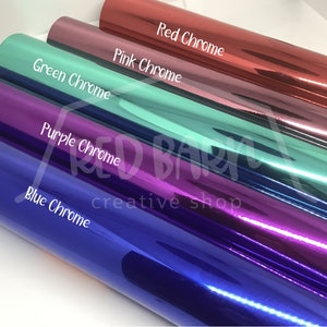 Puede incluir: Rollos de vinilo cromado en azul, morado, verde, rosa y rojo. El vinilo es brillante y reflectante.