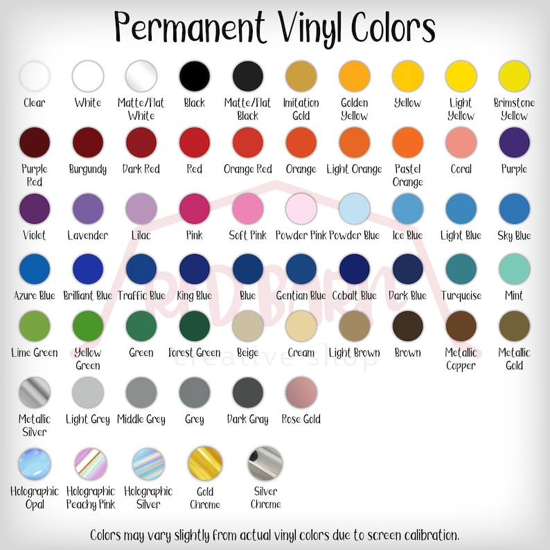 Op de afbeelding: Een kaart met een verscheidenheid aan permanente vinylkleuren, waaronder helder, wit, zwart, rood, oranje, geel, groen, blauw, paars, roze, bruin, grijs, zilver, goud en holografische kleuren. De tekst "Permanent Vinyl Colors" staat bovenaan de kaart.