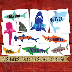 Shark Name Decal, Shark Name Sticker, Shark Name Label, Great White Shark, Hammerhead Shark, Kids Decal, Boy Stickers, Personalized Bottle