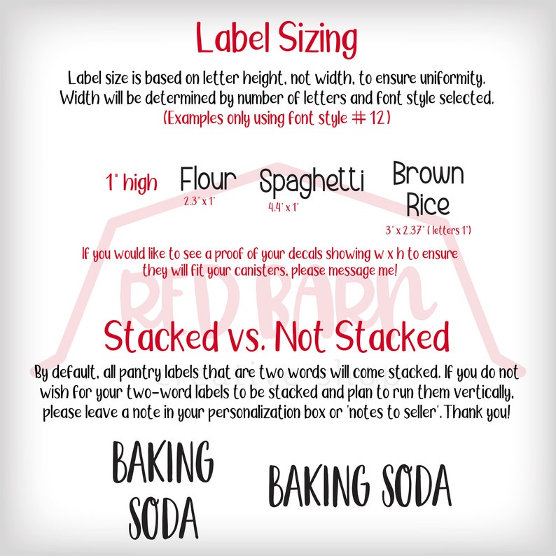 May include: Image showing label sizing information for pantry labels. Includes examples of label dimensions for Flour, Spaghetti, and Brown Rice. Text explains stacked vs. not stacked labels and how to customize.