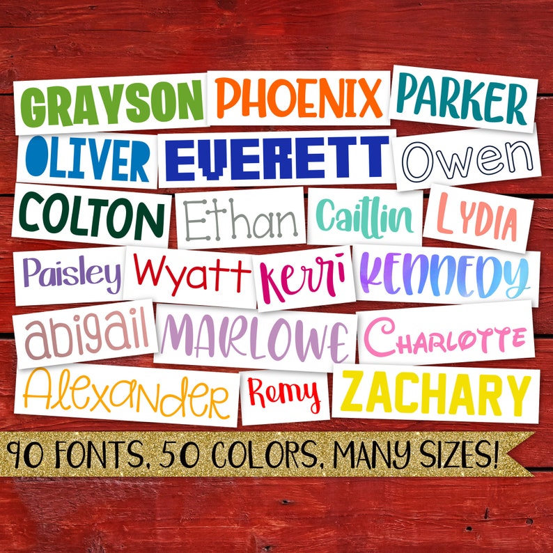 May include: A collection of colorful, handwritten names on white paper, with the text "90 FONTS, 50 COLORS, MANY SIZES!" at the bottom.