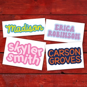 Pu&ograve; includere: Quattro adesivi bianchi con testo colorato. Gli adesivi recitano "Madison", "Erica Robinson", "Skyler Smith" e "Carson Groves".