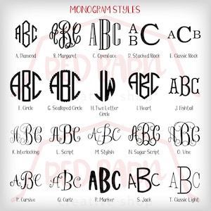 K&ouml;nnte beinhalten: Ein Diagramm mit 10 verschiedenen Monogrammstilen, die von A bis T beschriftet sind. Jeder Stil wird mit den Buchstaben ABC dargestellt. Die Stile umfassen Diamant, Margaret, Openface, gestapelter Block, klassischer Block, Kreis, gewellter Kreis, Kreis mit zwei Buchstaben, Herz, Fischschwanz, ineinandergreifend, Schrift, stilvoll, Zucker-Schrift, Rebe, kursiv, Locken, Markierung, Jack und klassisches Licht.