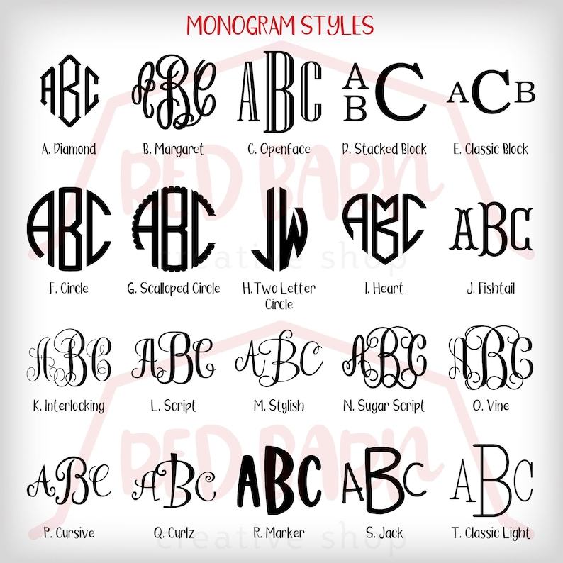 K&ouml;nnte beinhalten: Ein Diagramm mit 10 verschiedenen Monogrammstilen, die von A bis T beschriftet sind. Jeder Stil wird mit den Buchstaben ABC dargestellt. Die Stile umfassen Diamant, Margaret, Openface, gestapelter Block, klassischer Block, Kreis, gewellter Kreis, Kreis mit zwei Buchstaben, Herz, Fischschwanz, ineinandergreifend, Schrift, stilvoll, Zucker-Schrift, Rebe, kursiv, Locken, Markierung, Jack und klassisches Licht.