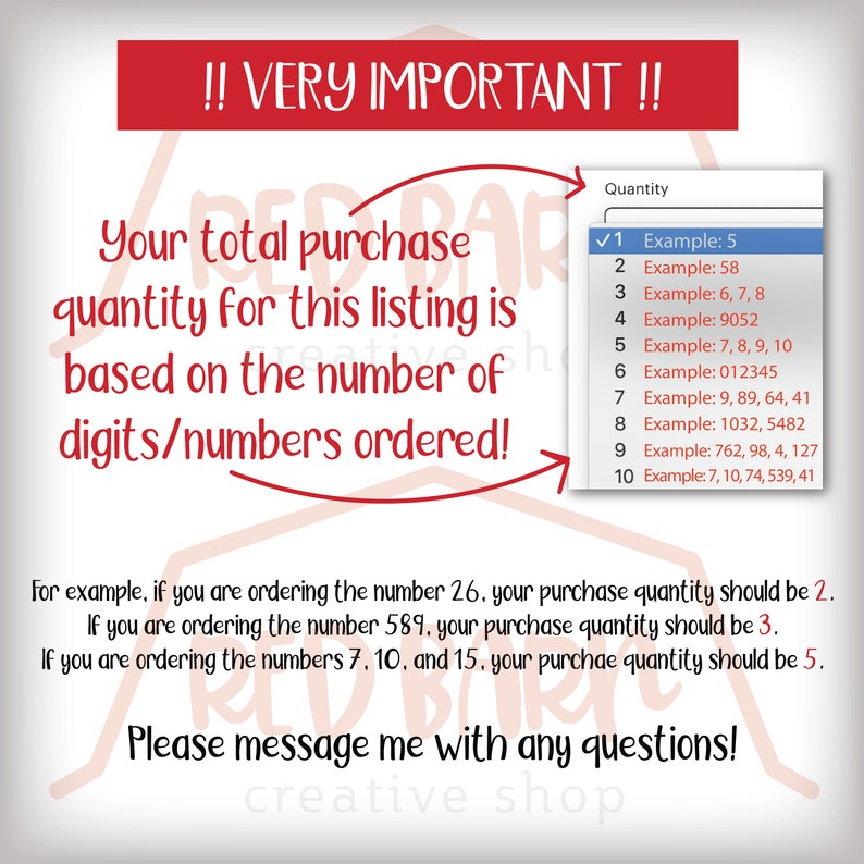 May include: A red and white graphic with the text "!! VERY IMPORTANT !!" and a list of numbers with corresponding examples. The text explains that the purchase quantity is based on the number of digits in the number ordered. For example, ordering the number 26 would require a purchase quantity of 2, ordering 589 would require a purchase quantity of 3, and ordering 7, 10, and 15 would require a purchase quantity of 5. The text also includes the phrase "Please message me with any questions!"
