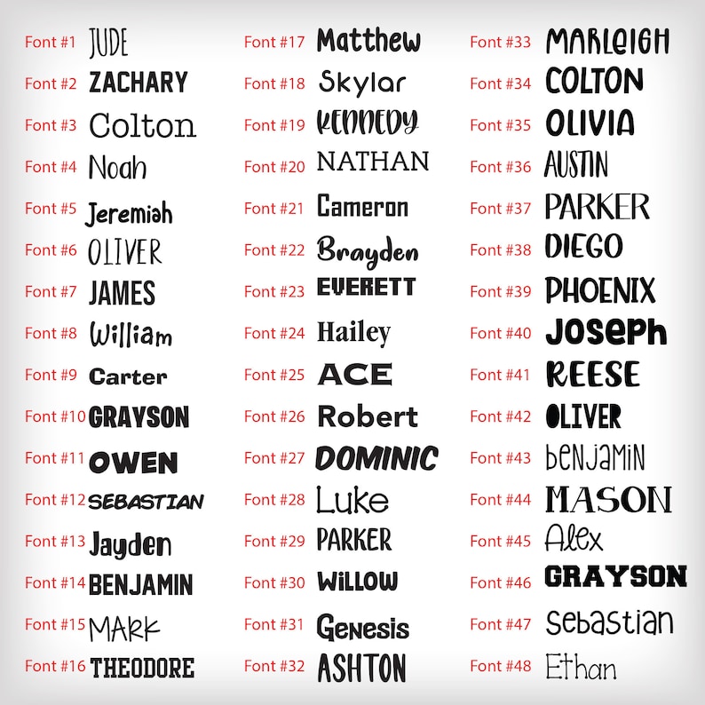 Op de afbeelding: Een zwart-wit afbeelding met een lijst van 48 namen in verschillende lettertypen. Elke naam is genummerd met een lettertype nummer. De namen omvatten Jude, Zachary, Colton, Noah, Jeremiah, Oliver, James, William, Carter, Grayson, Owen, Sebastian, Jayden, Benjamin, Mark, Theodore, Matthew, Skylar, Kennedy, Nathan, Cameron, Brayden, Everett, Hailey, Ace, Robert, Dominic, Luke, Parker, Willow, Marleigh, Colton, Olivia, Austin, Parker, Diego, Phoenix, Joseph, Reese, Oliver, Benjamin, Mason, Alex, Grayson, Sebastian en Ethan.