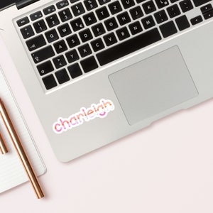 Pu&ograve; includere: Un computer portatile argentato con un adesivo arcobaleno che dice "charleigh" sul touchpad.