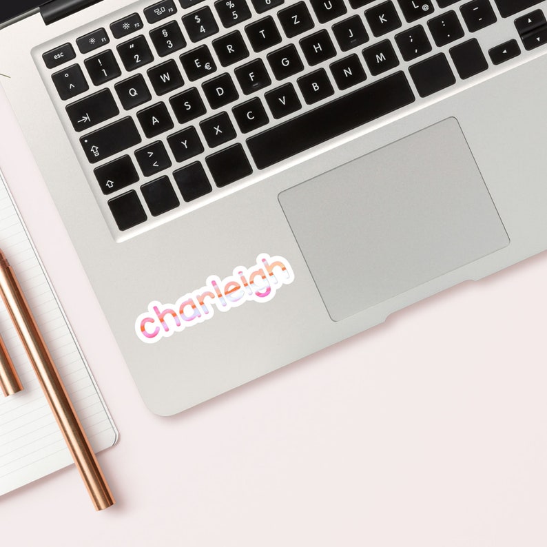 Pu&ograve; includere: Un computer portatile argentato con un adesivo arcobaleno che dice "charleigh" sul touchpad.