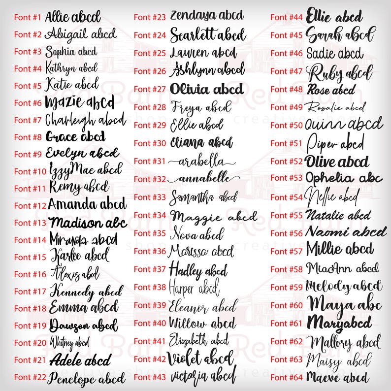 May include: A black and white image with a list of 64 different fonts, each with a number and a name. The fonts are written in a cursive style and are all in uppercase letters. The names include Allie, Abigail, Sophia, Kathryn, Katie, Mazie, Charleigh, Grace, Zendaya, Scarlett, Lauren, Ashlynn, Olivia, Freya, Ellie, Eliana, arabella, annabelle, Evelyn, Izzy Mac, Remy, Amanda, Madison, Miranda, Karlee, Alexis, Kennedy, Emma, Dawson, Whitney, Adele, Penelope, Ellie, Sarah, Sadie, Ruby, Rose, Rosalie, Quinn, Piper, Olive, Ophelia, Nellie, Natalie, Naomi, Millie, MiadAnn, Melody, Maya, Maryabcd, Mallory, Maisy, and Maeve.