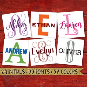 May include: Six white squares with different names written in various colors and fonts. The names are Abby, Ethan, Lauren, Andrew, Evelyn, and Oliver. The text at the bottom of the image reads "24 INITIALS. 33 FONTS. 57 COLORS."