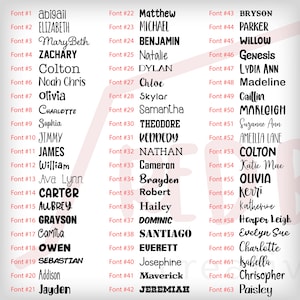Puede incluir: Un gr&aacute;fico con una lista de nombres en diferentes fuentes. Los nombres est&aacute;n listados en orden num&eacute;rico del 1 al 63. El gr&aacute;fico est&aacute; sobre un fondo blanco.