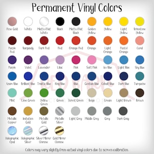 K&ouml;nnte beinhalten: Eine Tabelle mit permanenten Vinylfarben, mit Farbmustern in einem Rasterformat. Die Farben umfassen Ros&eacute;gold, Wei&szlig;, Schwarz, Rot, Orange, Lila, Blau, Gr&uuml;n, Gelb, Braun, Grau und Silber. Die Tabelle enth&auml;lt auch Metallic- und Holographieoptionen.