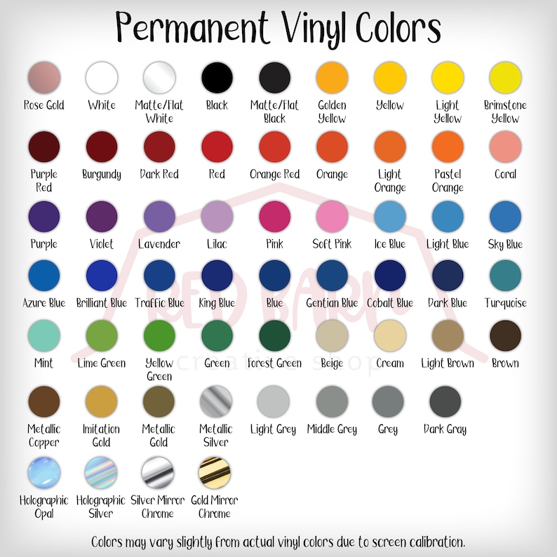 K&ouml;nnte beinhalten: Eine Tabelle mit permanenten Vinylfarben, mit Farbmustern in einem Rasterformat. Die Farben umfassen Ros&eacute;gold, Wei&szlig;, Schwarz, Rot, Orange, Lila, Blau, Gr&uuml;n, Gelb, Braun, Grau und Silber. Die Tabelle enth&auml;lt auch Metallic- und Holographieoptionen.