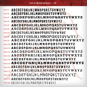 May include: A list of 20 different font options, labeled 'Font (1)' through 'Font (20)'. Each font option displays the alphabet in uppercase letters.