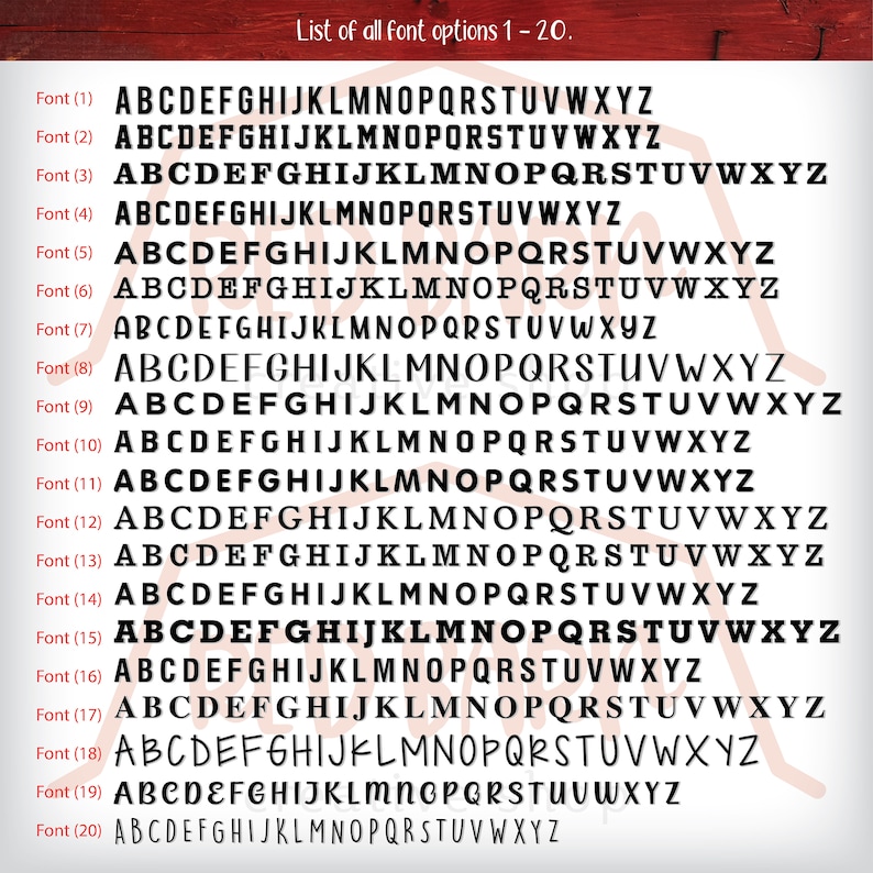 May include: A list of 20 different font options, labeled 'Font (1)' through 'Font (20)'. Each font option displays the alphabet in uppercase letters.