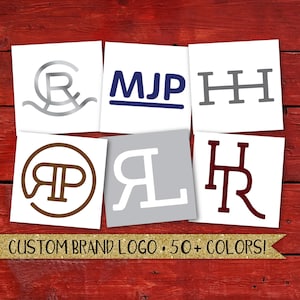 May include: Six different custom brand logos on white squares. The logos are in various styles and colors, including silver, blue, gray, brown, and maroon. The text "CUSTOM BRAND LOGO. 50+ COLORS!" is at the bottom of the image.