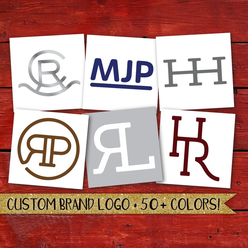 May include: Six square white decals featuring various custom brand logos in silver, dark blue, grey, brown, white, and maroon. A gold glitter banner at the bottom displays the text CUSTOM BRAND LOGO &bull; 50+ COLORS! The background is a red wooden surface.