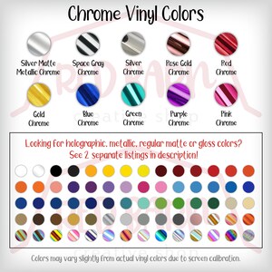 Puede incluir: Una tabla de colores de vinilo cromado, que incluye plata mate, gris espacial, plata, oro rosa, rojo, oro, azul, verde, morado y rosa. La tabla tambi&eacute;n incluye una cuadr&iacute;cula de varios colores, incluidos blanco, negro, naranja, rosa, morado, amarillo, rojo, azul, marr&oacute;n y gris.