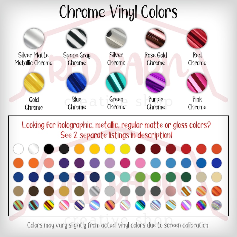Puede incluir: Una tabla de colores de vinilo cromado, que incluye plata mate, gris espacial, plata, oro rosa, rojo, oro, azul, verde, morado y rosa. La tabla tambi&eacute;n incluye una cuadr&iacute;cula de varios colores, incluidos blanco, negro, naranja, rosa, morado, amarillo, rojo, azul, marr&oacute;n y gris.