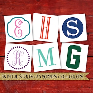 May include: Six white square cards featuring various letter monograms in different fonts and colors, including a pink E, orange H, blue S, purple K, teal M, and green G. A gold banner at the bottom displays the text 38 INITIAL STYLES 35 BORDERS 50+ COLORS.