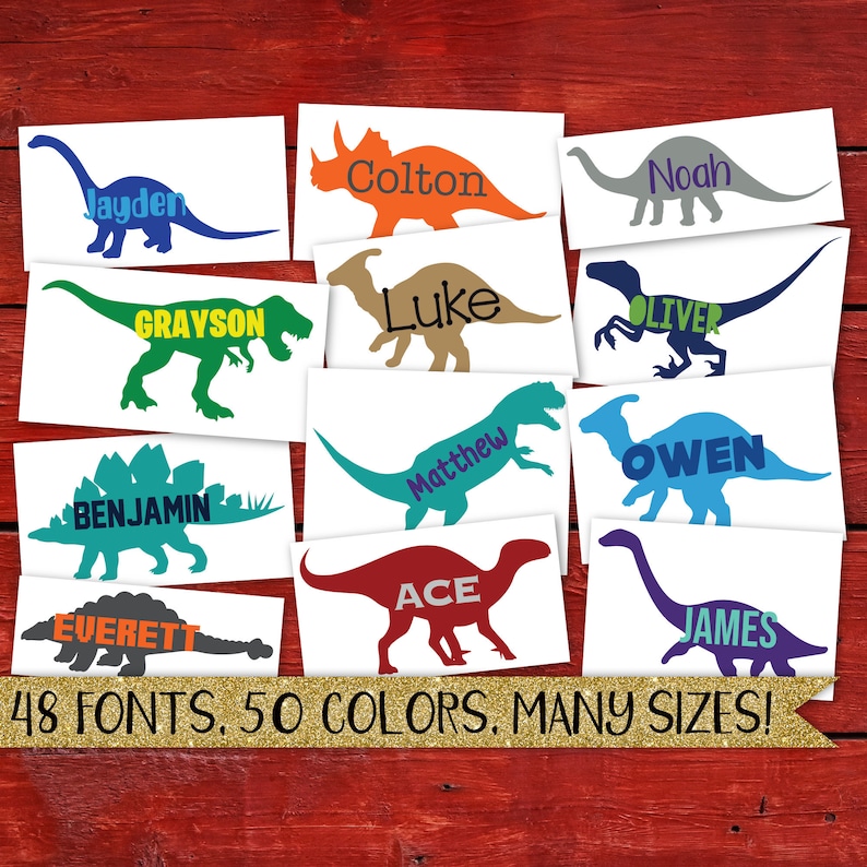 Op de afbeelding: Een set van 12 dinosaurusvormige stickers met verschillende namen erop gedrukt. De stickers zijn in verschillende kleuren, waaronder groen, blauw, rood, oranje en paars. De tekst op de stickers luidt: Colton, Noah, Jayden, GRAYSON, Luke, OLIVER, BENJAMIN, Matthew, OWEN, EVERETT, ACE en JAMES. De tekst onderaan de afbeelding luidt: 48 FONTS. 50 COLORS. MANY SIZES!