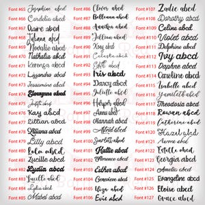 May include: A chart with a list of 127 names in black text, each with a corresponding font number. The names are arranged in two columns, with the font numbers on the left and the names on the right. The names are all written in a cursive script font.