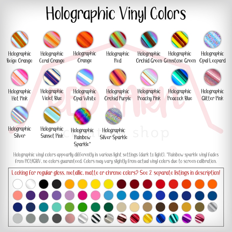 K&ouml;nnte beinhalten: Eine Tabelle mit holografischen Vinylfarben, darunter Beige-Orange, Korallen-Orange, Orange, Rot, Orchideen-Gr&uuml;n, Edelstein-Gr&uuml;n, Opal-Leopard, Hei&szlig;-Pink, Violett-Blau, Opal-Wei&szlig;, Orchideen-Lila, Pfirsich-Rosa, Pfauen-Blau, Glitzer-Pink, Silber, Sonnenuntergangs-Pink, Regenbogen-Glitzern und Silber-Glitzern. Die Tabelle enth&auml;lt auch einen Hinweis darauf, dass holografische Vinylfarben in verschiedenen Lichteinstellungen unterschiedlich erscheinen und dass die Farben aufgrund der Bildschirmkalibrierung leicht von den tats&auml;chlichen Vinylfarben abweichen k&ouml;nnen. Die Tabelle enth&auml;lt auch einen Hinweis, der besagt: "Suchen Sie nach normalen Glanz-, Metallic-, Matt- oder Chromfarben? Sehen Sie sich 2 separate Eintr&auml;ge in der Beschreibung an!"