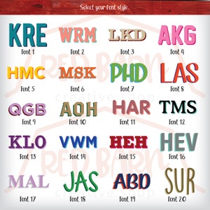 May include: A chart with 20 different font styles, each displayed with a sample word. The font styles are numbered 1 through 20. The chart is on a red background with a white border.