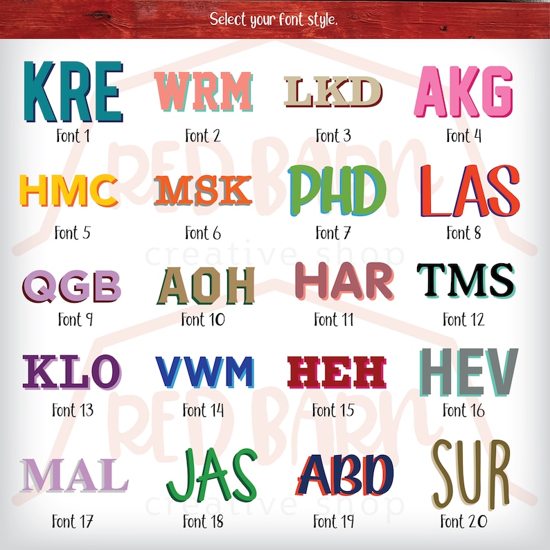 May include: A chart with 20 different font styles, each displayed with a sample word. The font styles are numbered 1 through 20. The chart is on a red background with a white border.
