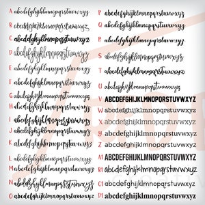 May include: A chart of the alphabet in uppercase and lowercase letters, written in a cursive font. The letters are arranged in alphabetical order from A to Z. The letters are written in black ink on a white background.